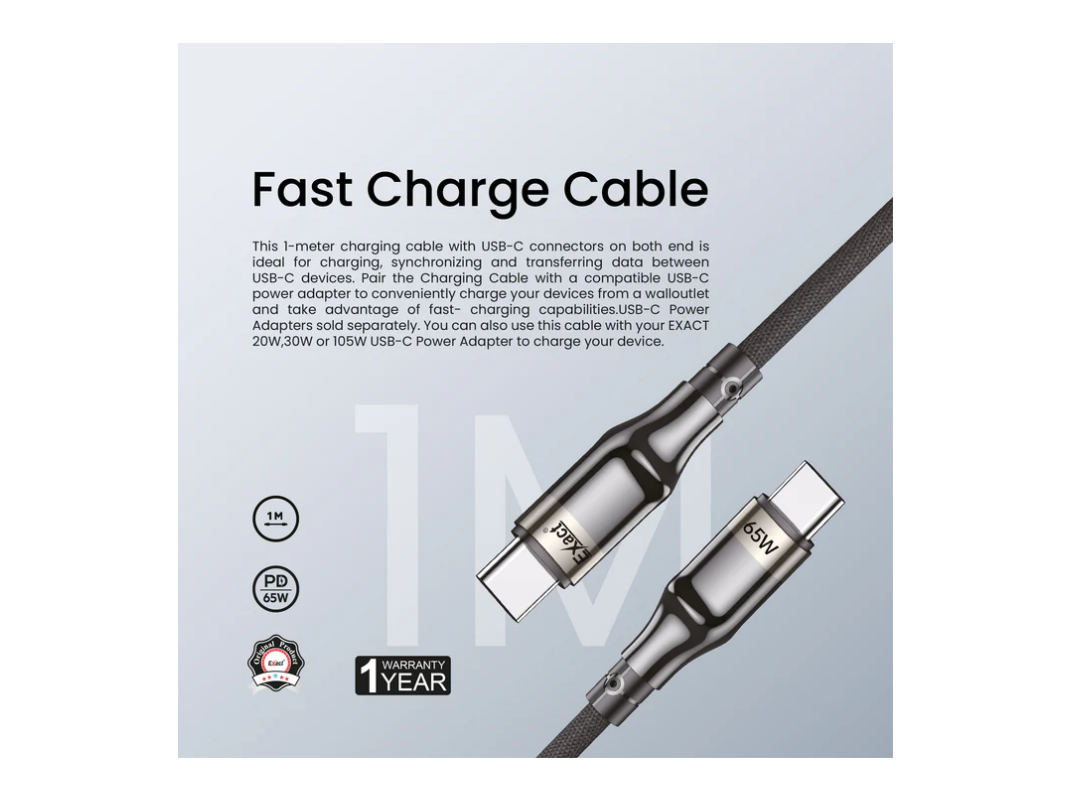 Exact USB‑C to USB‑C 65W Nylon Charging Cable 1 m EX795 – Qatar Exact USB‑C to USB‑C 65W Nylon Charging Cable 1 m EX795 – Qatar